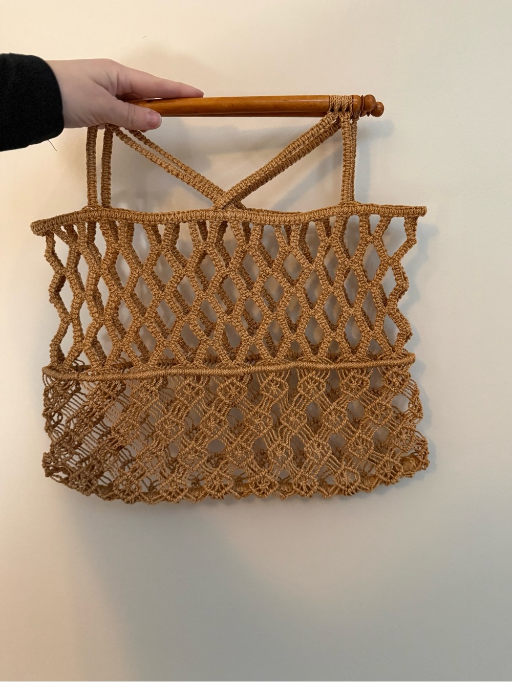Vintage Macrame Tote Bag in Tan with Wooden Handle